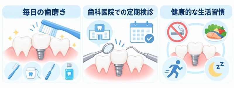 インプラントを長持ちさせる3つの方法の図解